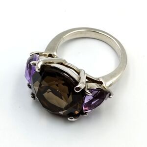 MJS Vintage Sterling Silver 925 Smoky Quartz Amethyst Cocktail Ring Sz 6